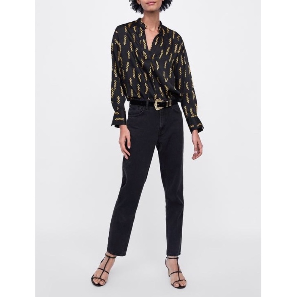 ZARA | Chain Pattern AOP Long Sleeve V-Neck Popover Satin Blouse
